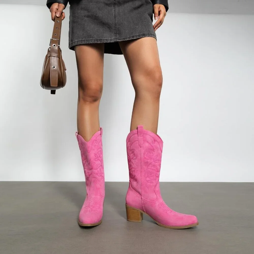 Women's Pink Cowgirl Western Boots Fashion Embroidery Stitched Chunky Heel - Picture 7 of 8